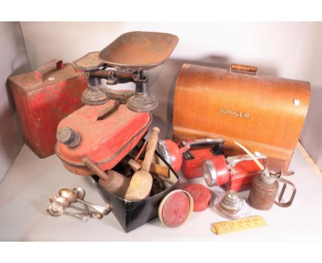 Collectables, a large group including a singer sewing machine, petrol cans, scales, vintage torches and sundry