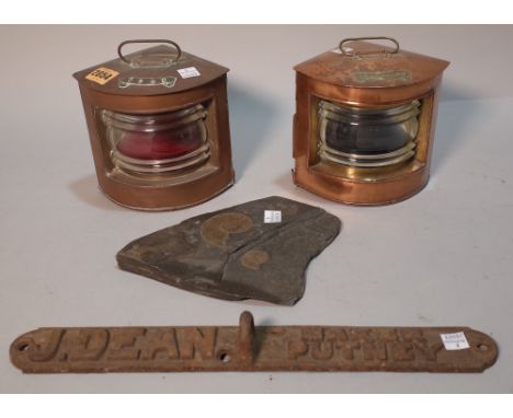 Collectibles including a pair of brass ship lanterns (4)15cm high, A cast iron sign 35cm wide and a fossil
