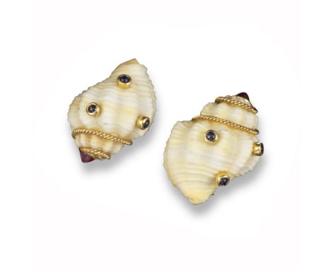 A pair of gem-set shell earrings, the shells with gold wirework decoration and sapphire and ruby and cabochons in yellow gold