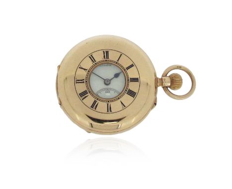 A gentleman's 9ct gold half hunter pocket watch by J.W.Benson, London, blue enamel Roman numerals to outer case, the signed w