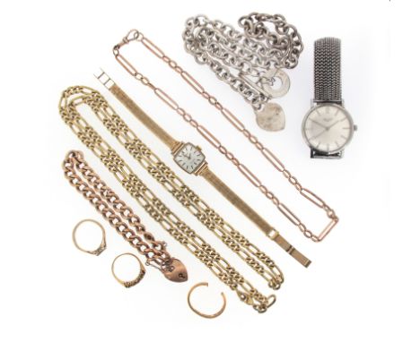 A gold short and long flat curb-link necklace, a 9ct curb-link bracelet, a gold long and short oval-link watch chain, a broke