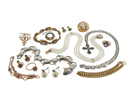 A quantity of jewellery, including an amethyst-set gold ring, an Edwardian amethyst and seed pearl-set gold pendant, a coral 