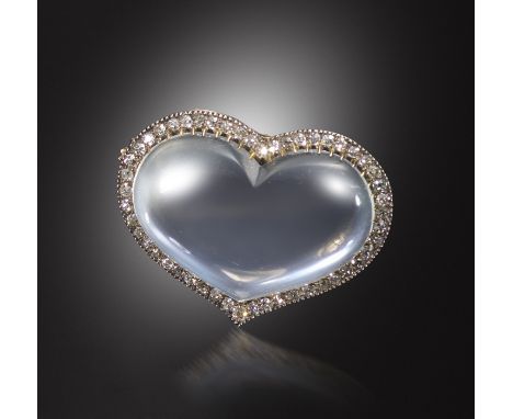 A Victorian moonstone and diamond brooch, the heart-shaped moonstone cabochon is set within a surround of cushion-shaped diam