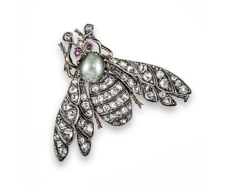 A Victorian diamond-set insect brooch, the realistically formed bee is pavé-set with rose-cut diamonds with a quartz cat's-ey