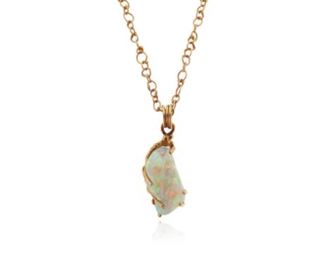 An opal and 18ct gold pendant, the carved opal cabochon is claw set in a yellow gold abstract mount, on a fancy-link yellow g