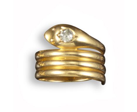 A Victorian diamond-set snake ring, the coiled serpent with a diamond-set head in yellow gold, Chester hallmarks for 18ct, 19