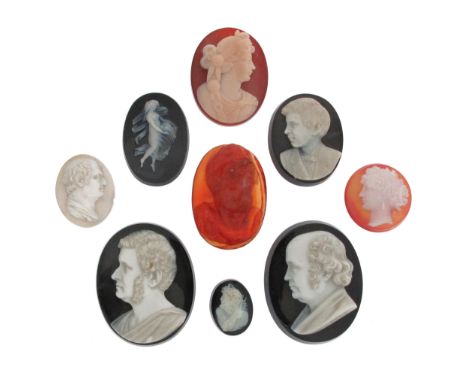 Nine assorted carved hardstone portrait cameos, the largest 4.5cm high, the smallest 2cm high