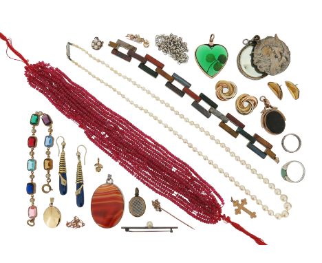 A leather jewellery casket containing assorted items of jewellery, including a string of faceted ruby beads, a cultured pearl