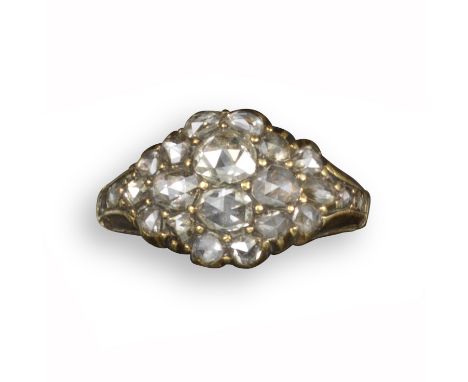 An early Victorian diamond-set cluster ring, pavé-set with rose-cut diamonds in gold with further rose-cut diamonds set to th