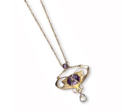 An Arts and Crafts amethyst and gold pendant by Barnet Henry Joseph, set with an oval-shaped amethyst within twisted yellow g