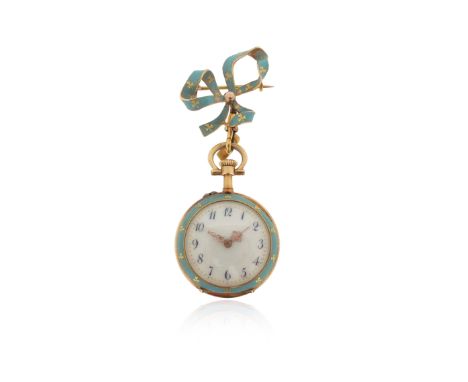 A Victorian blue enamel fob watch, the plain white dial with blue Arabic numerals, within turquoise blue enamel case and susp