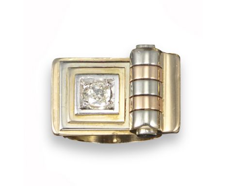 A French Odeonesque diamond ring, possibly by Cartier, c1940, the cushion-shaped diamond is set within platinum and gold conc