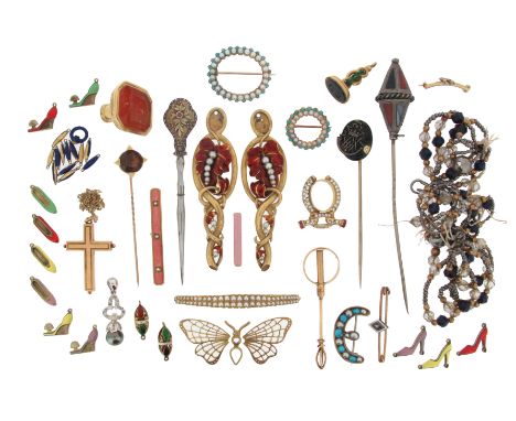 A collection of various mixed jewellery items, including a steel bodkin with diamond and gem-set two colour gold foliate hand