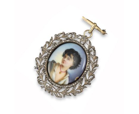 An 18th century miniature pendant, the oval enamel portrait depicting a young boy, within rose-cut diamond-set laurel border 