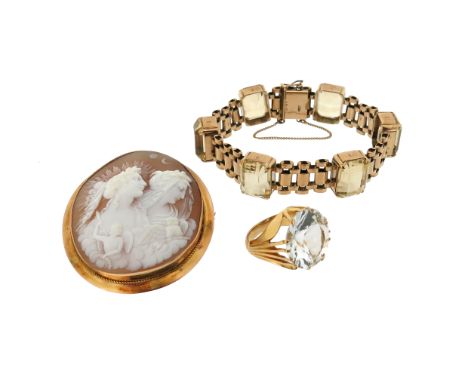 A carved shell cameo brooch in gold frame, a 9ct gold gate-link bracelet mounted with six emerald-cut smoky quartz and a larg