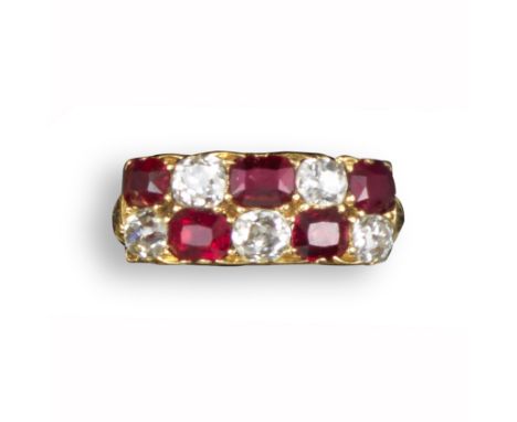 A Victorian ruby and diamond chequerboard ring, alternately-set with rubies and diamonds in carved and pierced yellow gold mo