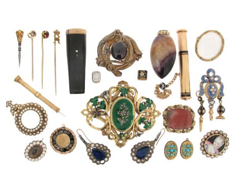 Various items of jewellery etc, including a French 18ct gold cylindrical container with black enamel decoration and both term