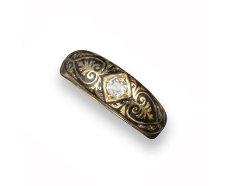 A Victorian enamel and diamond mourning ring, set with a central old cushion-shaped diamond within scrolling borders of black