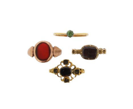 An early 18th century flat garnet (cracked) mounted gold ring, with interwoven shank, size L, a damaged 18th century garnet-m