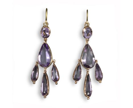 A pair of 19th century amethyst girondole earrings, formed from oval and pear-shaped amethysts in yellow gold collets, 6cm lo