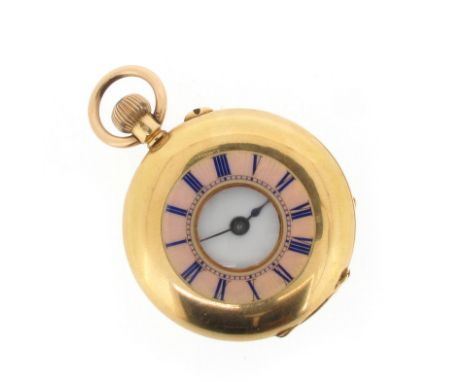 A mid 19th century 18ct yellow gold small half hunting-cased fob watch, stem winding, the outer pink guilloche chapter ring w