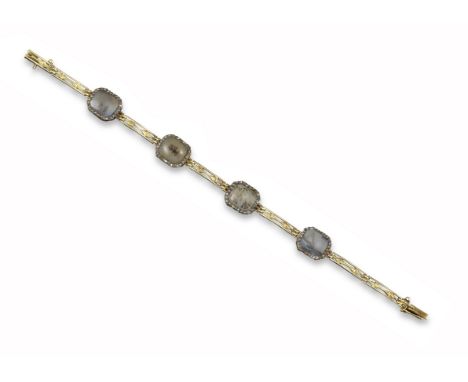 A Victorian moss agate bracelet, each panel set with a moss agate cabochon within rose-cut diamond border in closed back yell