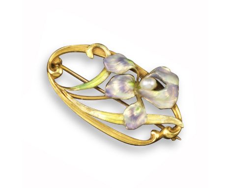 An Art Nouveau floral brooch, the realistically formed iris decorated with iridescent enamel and a seed pearl in yellow gold,