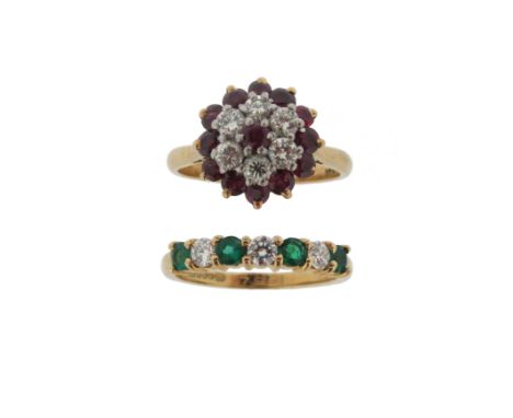 A ruby and diamond cluster ring, set with circular-cut rubies and diamonds in yellow gold, size M 1/2, with an emerald and di