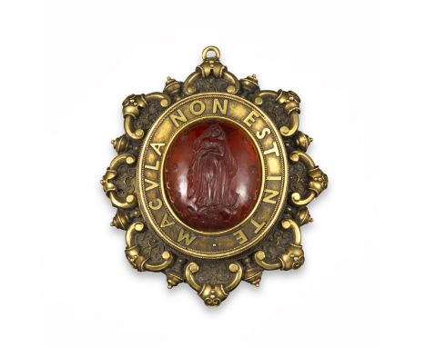 A garnet and gold religious pendant, centred with an oval cabochon hessonite garnet carved with the Virgin Mary standing on a