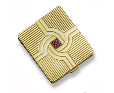 An Art Deco ruby and gold compact by Dunhill, with geometric engine-turned decoration set with calibre-cut rubies to the cent