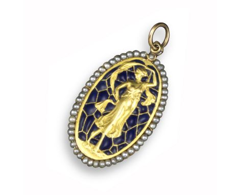 An Art Nouveau plique-a-jour enamel pendant, the oval pendant depicting a maiden with flowing ribbons on blue plique-a-jour g