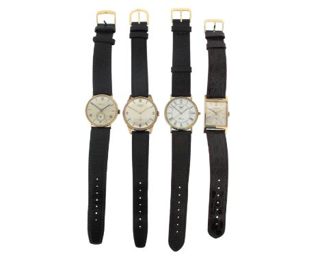 Four gold wristwatches by Longines, three manual movements, one with quartz movement in gold cases on leather bands