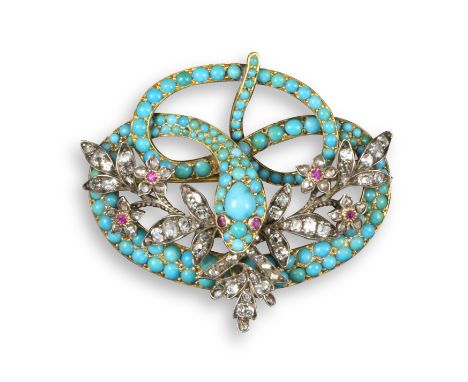 A 19th century turquoise and diamond snake brooch, the writhing serpent pave-set with graduated turquoise cabochons, set amon