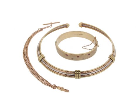 A 9ct gold bangle, set with three small circular-cut rubies and two small circular-cut diamonds, a 9ct gold Albert chain with