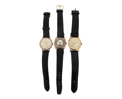 Three gold wristwatches by Longines, including a 9ct gold wristwatch, the tonneau-shaped case with circular face and subsidia