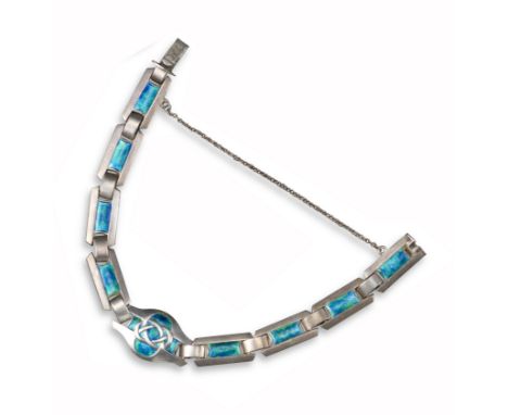 An Arts &amp; Crafts silver and enamel bracelet by Murrle Bennett &amp; Co, each panel decorated with blue and green enamel w