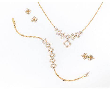 A suite of diamond-set gold jewellery, comprising a necklace, bracelet, a ring and earrings, each mounted with diamond-set lo