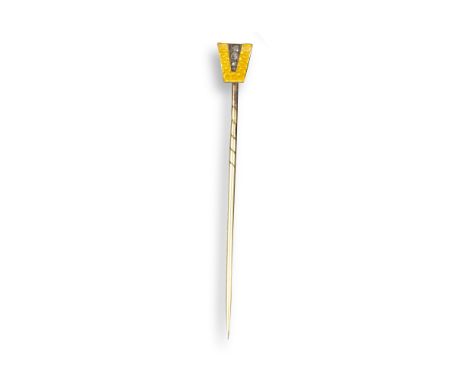 A Russian enamel stick pin attributed to Fabergé, decorated with a V-shaped yellow guilloche enamel section with rose-cut dia
