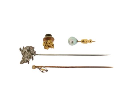 A gold stick pin, set with a circular-cut yellow diamond and suspending a pendant with a briolette yellow diamond within a su