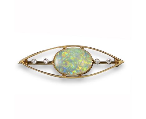 An opal and diamond-set gold brooch, the oval-shaped opal set with two circular-cut diamonds to each shoulder in the lozenge-