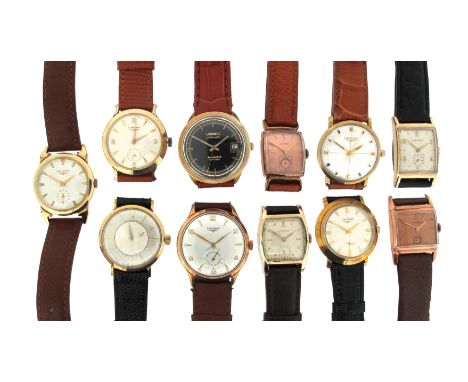 Eleven gold-plated wristwatches by Longines, automatic and manual movements, on leather and faux leather bands, two Longines 