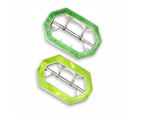 A pair of silver and enamel buckles by Child &amp; Child, one set with pale green enamel with flamingo motifs, signed to reve