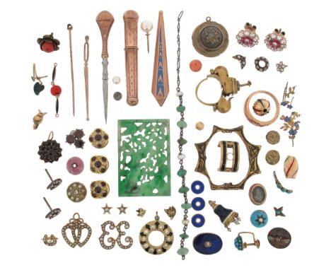 Various items of jewellery etc, including a cased set of three gold dress studs mounted with cabochon garnets, a pair of red 