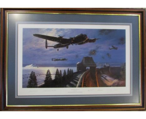 Limited edition print by Nicolas Trudgian 'Breaching the Dam' no 3/500 signed in pencil by 5 pilots inc Edward C Johnson and 