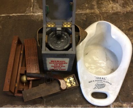 Boots 'Ideal bed & douche slipper' bed pan, Type 06A/1248 cased hand held compass possibly WWII (AF), 19th century percussion