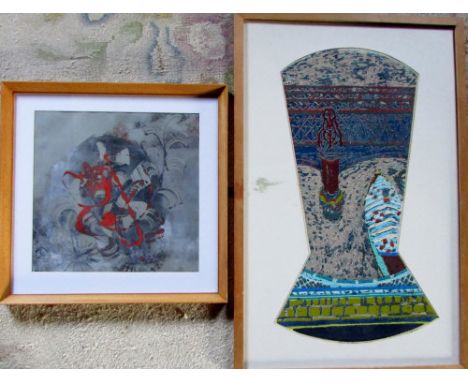 2 abstract prints -  'Design' by T Thorpe, 'Beneath the bridges' (lino print) by Warren Vaughan 55 x 84 cm