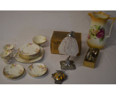 Large jug (chipped) silver plated cutlery, small lamp, part dinner service, AA badge etc