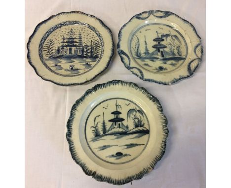 2 18th century delft ware plates (one repaired) & a pearl ware plate all with chinoiserie decoration