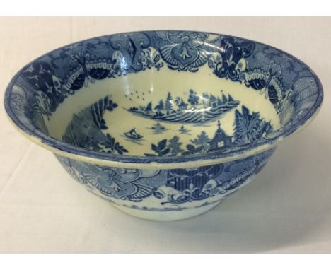 Early 19th century blue &amp; white transfer print pearlware wash bowl with chinoiserie decoration. Diameter 29cm