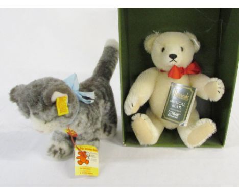 Steiff 'Sissi' cat & limited edition Steiff musical teddy bear for Harrods based on an original 1909 bear, plays Brahms' Lull